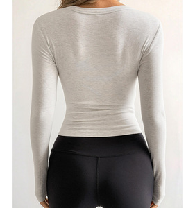 Chemises à manches longues pour femmes, style Y2K, 92% viscose, 8% élasthanne, col en V, tricot côtelé, ajustées, basiques, pour l'automne - Product Image 2