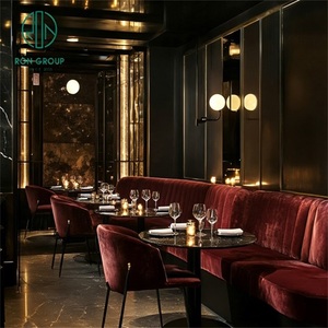 Muebles de Lujo para Cafetería, Restaurante u Hotel, con Mesa Redonda de Piedra Sinterizada Roja, Sillas, Sofás y Bancos - Product Image 1