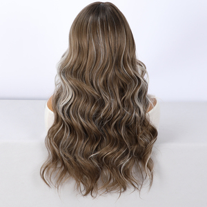 Nuova <span class=keywords><strong>parrucca</strong></span> ondulata <span class=keywords><strong>bianca</strong></span> lucida da 26 pollici, marrone dorato, con frangia femminile, resistente al calore, in fibra chimica, capelli lunghi, elegante Sm412-8 - Product Image 2