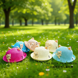 Cappello di paglia per bambini a tema gattino con orecchie da gatto e ricami per l'abbigliamento estivo dei bambini - Product Image 3