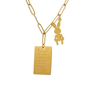 Collier long rectangulaire en acier titane avec pendentif lapin animal, chaîne de pull, ne se décolore pas, M032 - Product Image 6