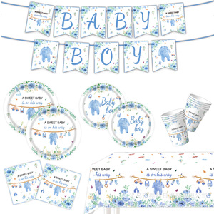 Ensemble de vaisselle imprimé numérique rond bleu pour fête de baptême, 60-80 pièces, décorations d'anniversaire respectueuses de l'environnement - Product Image 3