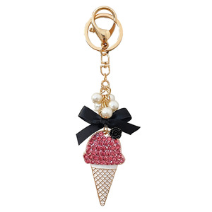 Porte-clés crème glacée style coréen avec chaîne de perles, strass brillants, breloque de sac en métal, pendentif mignon pour clés de voiture, cadeaux en gros - Product Image 5