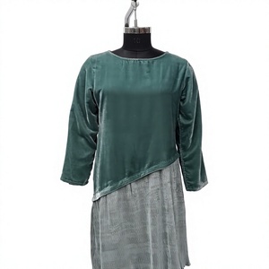 Green Velvet Asymmetrical <b>Top</b> With Pleated Midi Skirt Casual <b>Dress</b> Autumn Three Quarter Sleeve Solid Color Loose Fit - Product Image 1
