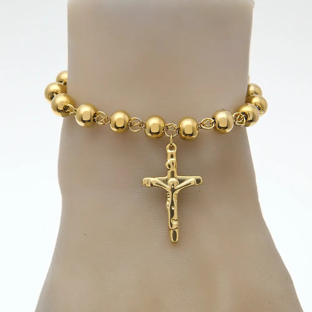 Pulsera de acero inoxidable dorada hecha a mano con cuentas de estilo Hip Hop, brazalete con cuentas de Color que preserva el rosario de la Cruz, de 6MM