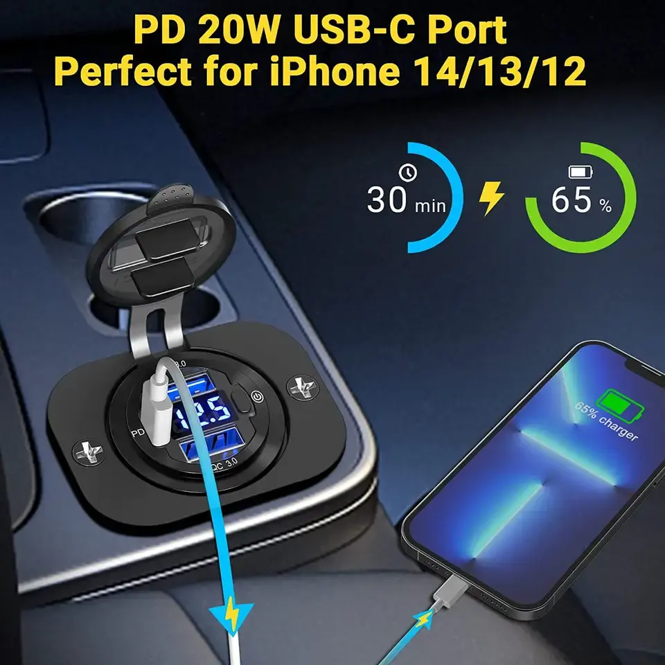 QC 3.0 + pengisi daya soket USB ganda PD + Voltmeter LED untuk mobil perahu RV laut ATV/UTV