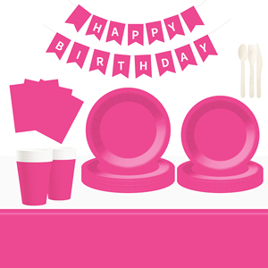 DAMAI – Vaisselle jetable unie rose vif pour fêtes, comprenant assiettes de 7 et 9 pouces, gobelets en papier et serviettes - Product Image 1