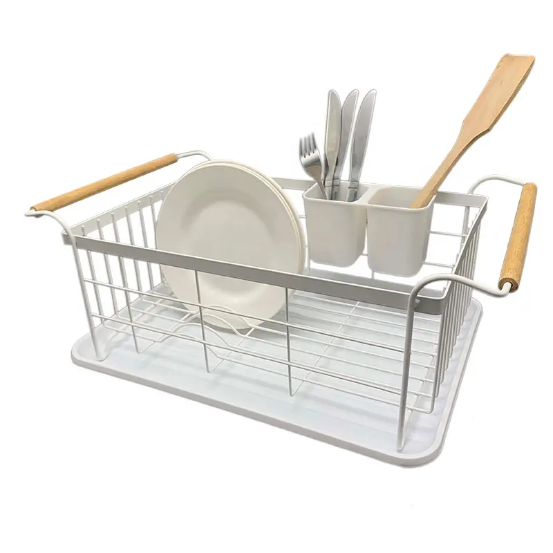 Single tier Kitchen Dish Rack with wooden handle and plastic tray and utensils