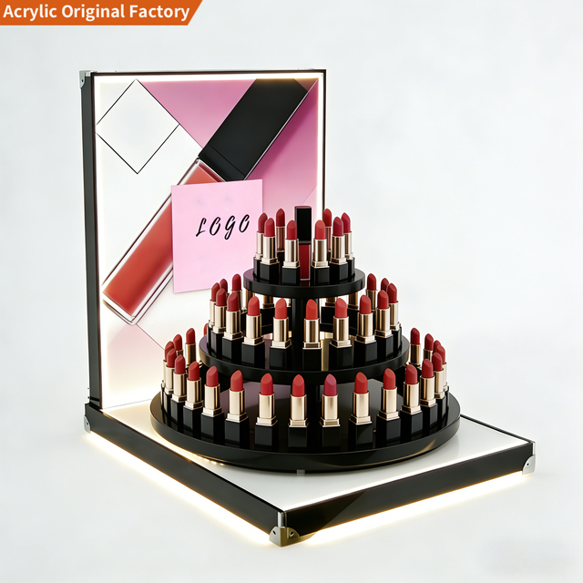 Custom Retail Lucite Illuminated Makeup Skincare Cosmetics Round Rotating Holder LED Light Acrylic Lipstick Display Stand