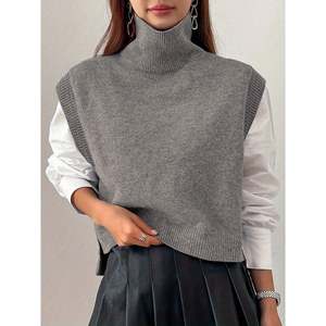 Chaleco de punto de lana con cuello simulado y abertura lateral, color albaricoque, para mujer, ropa exterior informal - Product Image 3