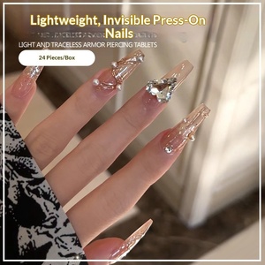 Faux ongles longs transparents effet glace avec motif cœur et ruban, tendance Xiaohongshu et Instagram - Product Image 3