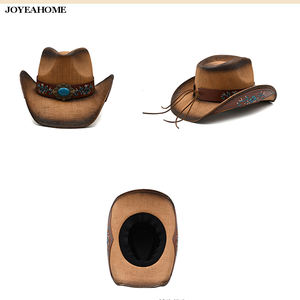 หมวกคาวบอยสีน้ำตาลตะวันตกอเมริกาความแข็งสูงกระดาษฟางป้องกันแสงแดดสำหรับกลางแจ้งหมวกคาวบอยปักลายชายหาดสำหรับปาร์ตี้ - Product Image 2