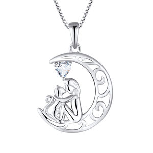 Lujo rodio plateado corazón Cubic Zirconia 925 plata esterlina amor gato media luna colgante collar joyería - Product Image 1