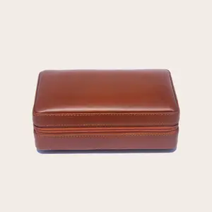 Brown Travel Portable Cedarwood Lining Leather Cigar Case Holder With Zipper Humidor Cigar Box
