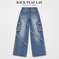 Jean cargo large en denim jacquard délavé vintage personnalisé pour femme, avec coutures incurvées et strass, idéal pour les soirées en club