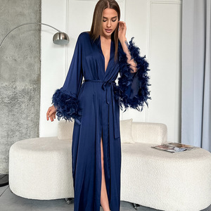 SMOOTH Women's Satin Feather Sleeve <strong>Long</strong> Robe Loose Fit Cardigan Spring Casual Loungewear Elegant Home Wear Sleepwear for <strong>Ladies</strong> - Product Image 3