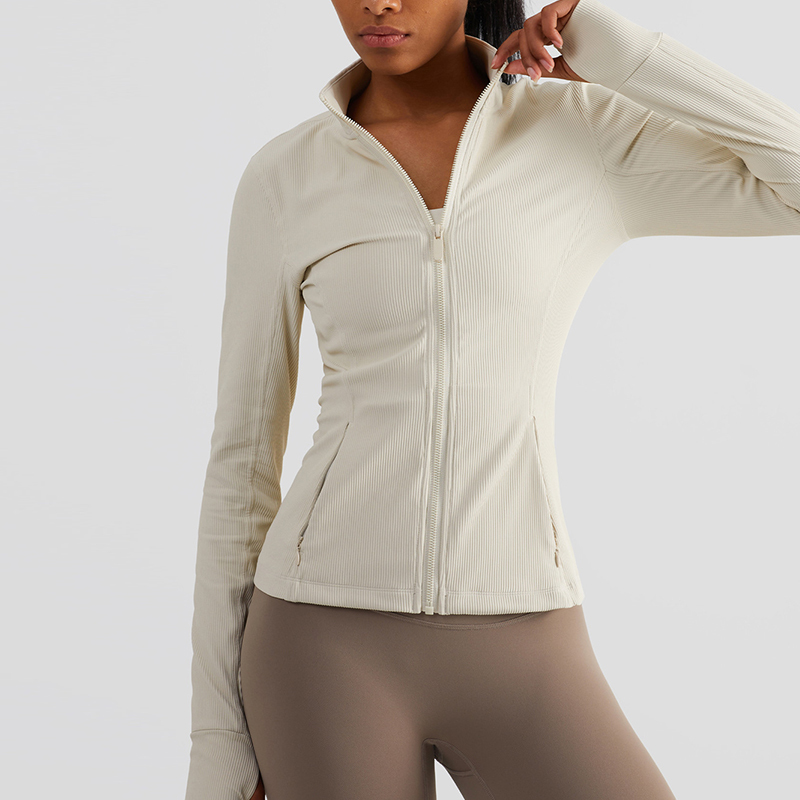 Women's Waist Shrinking Slim Sports Long Sleeve Stand Collar Tight Full Zip With Pocket Fitness Yoga Long Sleeve
