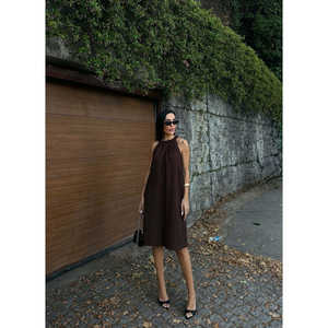 เดรสผ้าทอคอเชือกผูกเอวทรงเอไลน์ ระบายอากาศได้ดี สวมใส่สบายทุกวัน สีดำ - Product Image 3