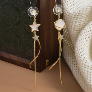 Pendientes Asimétricos de Estrella y Luna con Borlas, Plata S925, Estilo Coreano para Mujer, Joyería de Moda para Fiestas y Uso Diario - Product Image 5