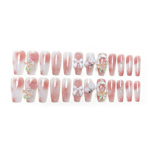 24 pièces/ensemble de faux ongles de luxe en ABS à presser, forme ballerine cercueil moyenne, motif papillon, faits à la main, rose, couvrance totale, pour salon - Product Image 6