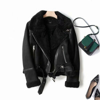 Blouson en cuir pour femmes, vêtement à col rabattu, poches à fermeture éclair, doublure polaire, sangle de taille, fourrure, chamois,