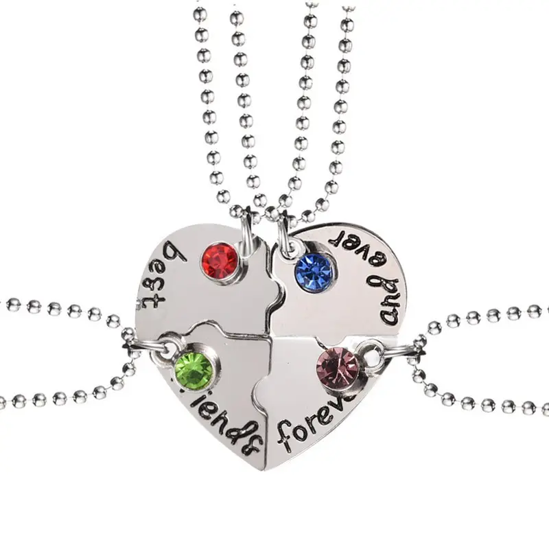 925 Sterling Silver Friendship Necklaces Diamond Dainty Four Pieces Joint Heart Pendant Necklaces Best Friend Necklace