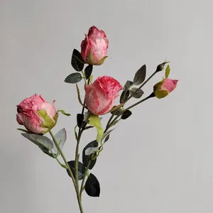 Rose en soie, nouveau design, boule effet brûlé, pour salon, fleurs décoratives, fête des Mères, romantique, 4 têtes, tige unique - Product Image 6