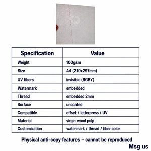 Bunedry 100gsm A4 High Gloss Moisture Proof Security <b>Paper</b> UV Fluorescent Fiber Virgin Wood Pulp EN71 Certified Watermark Thread - Product Image 3