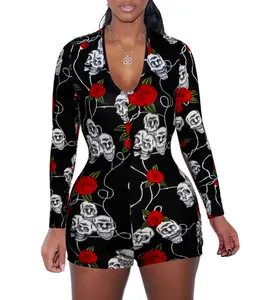 Shorts Jumpsuit Skull Printed Long Sleeve Halloween Casual for Spring Animal Pattern Skinny V neck Fashion Jumpsuit