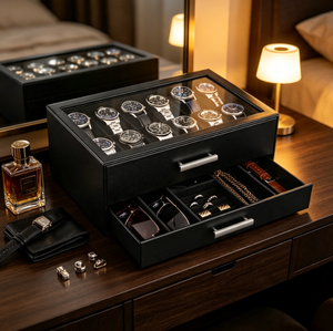 Boîte de présentation de montres de luxe avec fenêtre transparente, organisateur à double tiroir pour montres, colliers, bagues, lunettes de soleil - Product Image 4