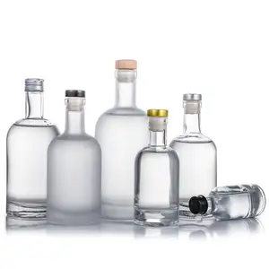 Botella vacía de vidrio transparente/esmerilada con tapón, para vodka, 200ml, 375ml, 500ml, 750ml