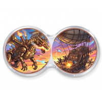 Pièce de monnaie artistique Dragon mécanique lanceur de flammes vs Zéppelin, 1 once Troy, en lingot de cuivre pur .999, rétro-futuriste, science-fiction, imprimée UV