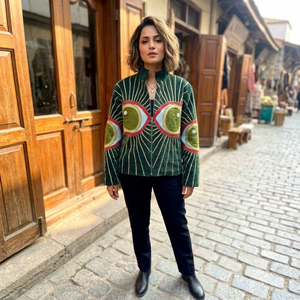 Blazer vert brodé pour femme avec motif œil, col mandarin, fermeture éclair, manches longues, vêtement d'extérieur pour l'automne - Product Image 1