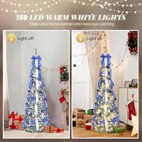 Sapin de Noël floqué pré-éclairé de 1,80 m avec 180 lumières, arbre pliable pré-décoré (bleu et argent) pour petits espaces