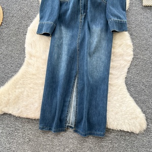 Abito in Denim Stile Retrò con Colletto a Risvolto per Donna, Vestito Aderente a Maniche Lunghe con Vita Stretta per la Primavera, Gonna da Ufficio - Product Image 3