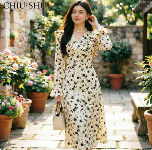 CHIU SHUI Abito in <span class=keywords><strong>Chiffon</strong></span> Floreale in Poliestere: Vestito <span class=keywords><strong>Midi</strong></span> Primaverile con Scollo a V e Maniche a Campana per Boutique - Product Image 3