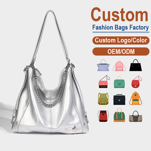 Factory Custom Multi-Way Silver Shoulder Bag Women <b>Convertible</b> Leather <b>Backpack</b> <b>Tote</b> with Chains - Product Image 1