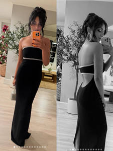 Women's Heavy-duty Satin Diamond Beaded Wrap Tie Sexy Backless Strapless High-slit Black <b>Floor</b>-<b>Length</b> Maxi Dress 100% Polyester - Product Image 4