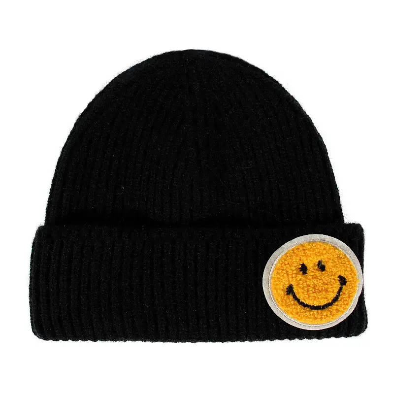 Smiley Face Beanie Winter Slouchy Beanies with Smile Face Patch Womens Stocking Hats Knit Warm Skull Short fisherman beanie
