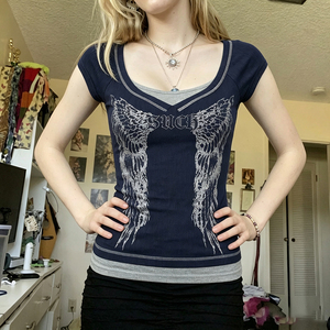 Wing Print Double Layer Patchwork Tight U Neck Crop Tee Contrast Trim Y2K Subculture Vintage <b>Distressed</b> Short Sleeve <b>Top</b> - Product Image 2