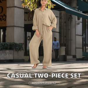 Conjunto de 2 Piezas de Lino y Algodón Holgado para Mujer, Color Sólido, Cuello Camisero, Manga Larga, Pantalones Anchos, Casual, para Todas las Temporadas - Product Image 2