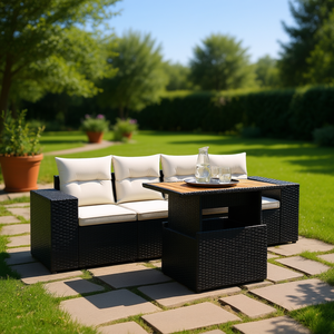 Outdoor Garden <b>Sofa</b> <b>Set</b> Black PE Rattan High Density Foam Cushion Contemporary Design for Patio Use - Product Image 2