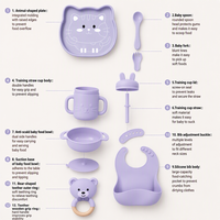 Ensemble d'alimentation pour bébé en silicone violet en forme de chat : assiette à ventouse, bavoir, tasse à paille et anneau de dentition