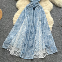 Robe longue d'été pour femmes à bretelles spaghetti, en maille crochetée, patchwork, taille cintrée, robes élégantes