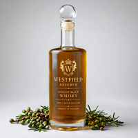 Bouteille de whisky en verre super-flint de 750 ml avec bouchon, design de logo personnalisé de luxe, boîte d'emballage, spiritueux, liqueur, vente en gros, OEM