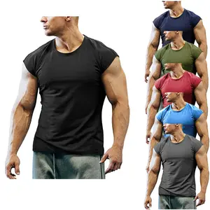 Camiseta de talla grande con cuello redondo para hombre, camisetas sin mangas cortas de compresión muscular para entrenamiento y correr