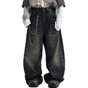 High Quality <b>Chain</b> Design <b>Jeans</b> Pants for Men Vintage Stone Wash Faded Hip Hop Y2k <b>Jeans</b> Loose Classic Black Straight Fit <b>Jeans</b> - Product Image 2