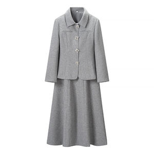 Elegante Conjunto de Lana de 2 Piezas para Mujer, Blazer Gris con Cuello Vuelto y Vestido Largo de Manga Larga, Estilo Casual de Otoño, Corte Regular - Product Image 1