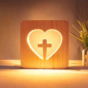 Modern Style Church Cross <strong>LED</strong> <strong>Night</strong> <strong>Light</strong> Natural Wood Jesus Carved Pattern Battery Powered Warm White <strong>Light</strong> for Home Decorate - Product Image 1