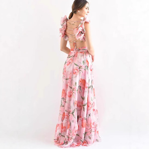Vestido largo de noche con estampado floral, cuello en V, cintura natural, transpirable, para mujer. - Product Image 2